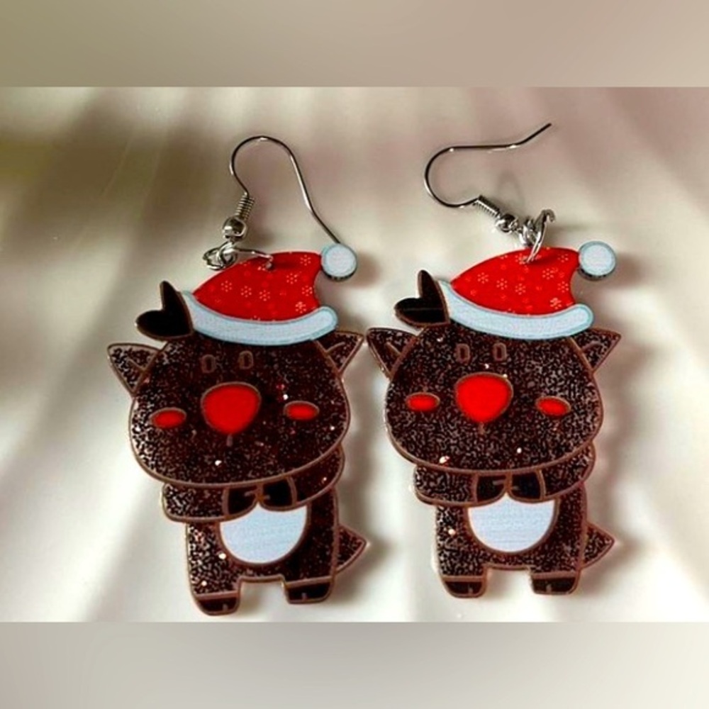 NWT - Glitter Reindeer (Rudolf) Acrylic Dangle Earrings Set